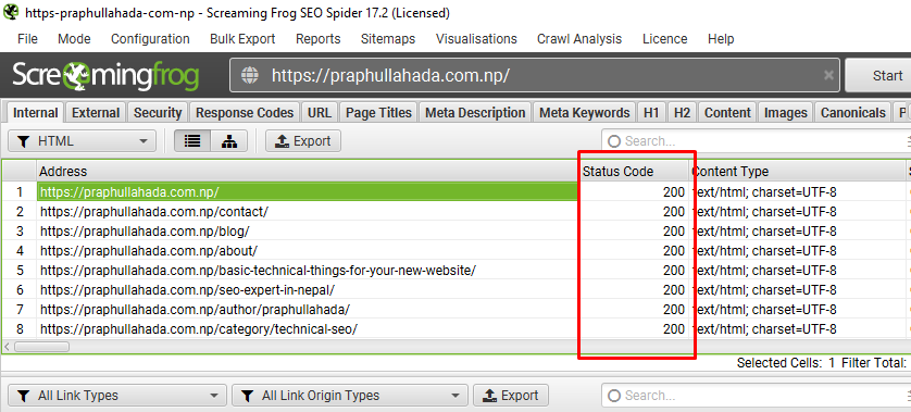 screaming frog response code