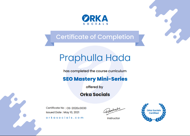 Praphulla Hada Beginners SEO Certificate From Orka Socials